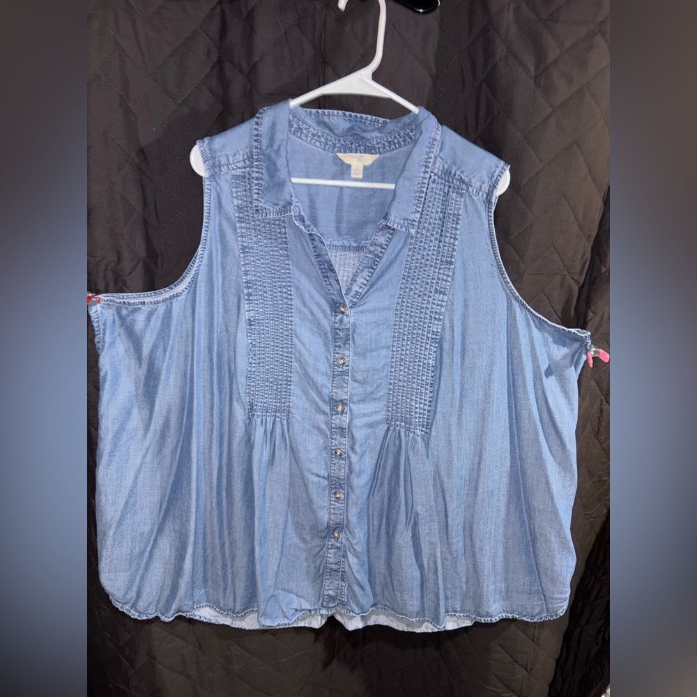 Terra & Sky Blue Sleeveless Button Down Blouse #1132